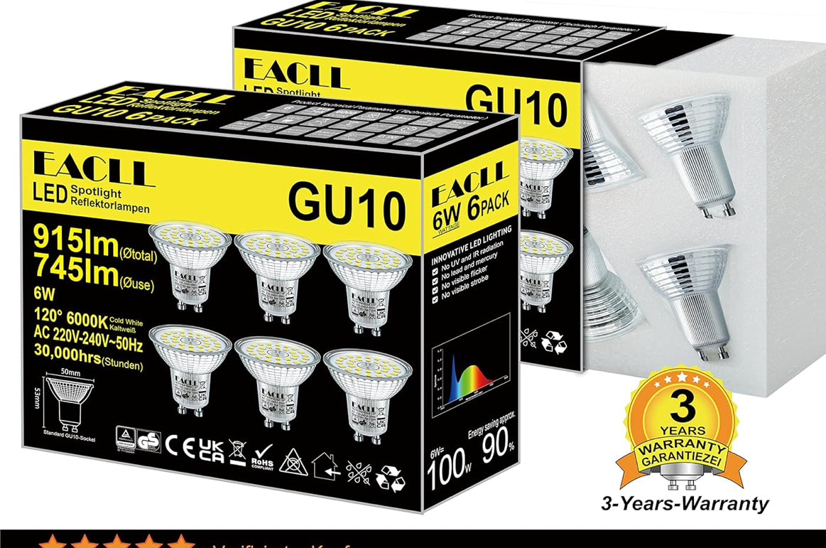 EACLL Bombillas LED GU10 Blanco Frio 6W Reemplaza 100W Halógena, Pack de 6