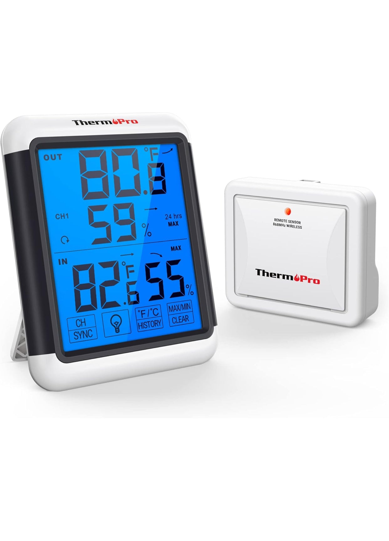 ThermoPro Termómetro Higrómetro Digital para Interior y Exterior Medidor de Humedad y Temperatura Inalámbrico con Pantalla Táctil Grande y Retroiluminación
